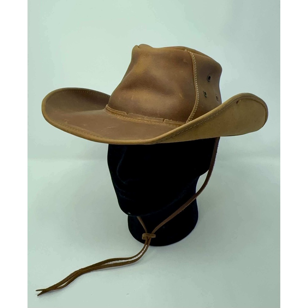 Cavender's Brown Leather Cowboy Hat Medium Western Outback Chin Strap Distressed